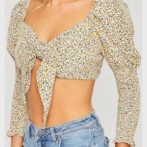 - Love Tree floral print top front tie blouse smocked puffed sleeves NEW…